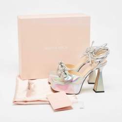 Pre Owned Mach & Mach Iridescent Leather Double Bow Platform Sandals Size 38.5