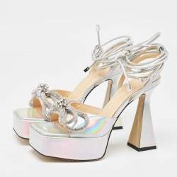 Pre Owned Mach & Mach Iridescent Leather Double Bow Platform Sandals Size 38.5