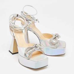 Pre Owned Mach & Mach Iridescent Leather Double Bow Platform Sandals Size 38.5