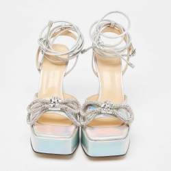 Pre Owned Mach & Mach Iridescent Leather Double Bow Platform Sandals Size 38.5