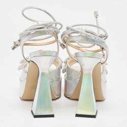 Pre Owned Mach & Mach Iridescent Leather Double Bow Platform Sandals Size 38.5