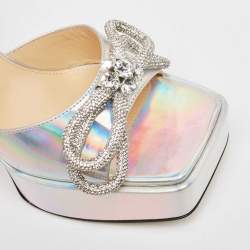 Pre Owned Mach & Mach Iridescent Leather Double Bow Platform Sandals Size 38.5