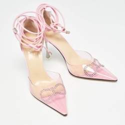 Mach & Mach Pink Leather and PVC Crystal Bow Ankle Strap Pumps Size 39.5