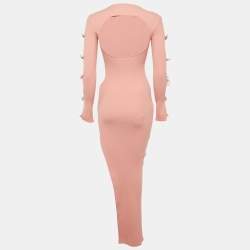 Pre Owned Mach & Mach Pink Rib Knit Cut-Out Crystal Bow Maxi Dress XS