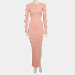 Pre Owned Mach & Mach Pink Rib Knit Cut-Out Crystal Bow Maxi Dress XS