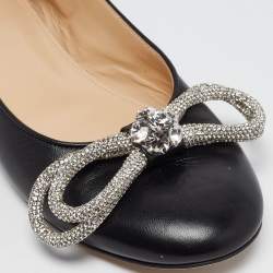 Mach & Mach Black Leather Double Bow Crystal Embellished Ballet Flats Size 40