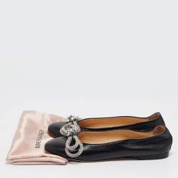 Mach & Mach Black Leather Double Bow Crystal Embellished Ballet Flats Size 40