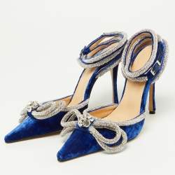 Pre Owned Mach & Mach Blue Velvet Crystal Embellished Bow Ankle Wrap Pointed Toe Pumps Size 36