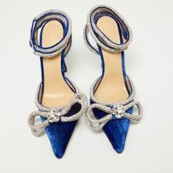 Pre Owned Mach & Mach Blue Velvet Crystal Embellished Bow Ankle Wrap Pointed Toe Pumps Size 36