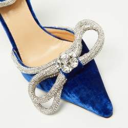 Pre Owned Mach & Mach Blue Velvet Crystal Embellished Bow Ankle Wrap Pointed Toe Pumps Size 36