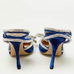 Pre Owned Mach & Mach Blue Velvet Crystal Embellished Bow Ankle Wrap Pointed Toe Pumps Size 36
