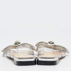 Pre Owned Mach & Mach Transparent PVC Crystal Embellished Double Bow Flat Slides Size 37