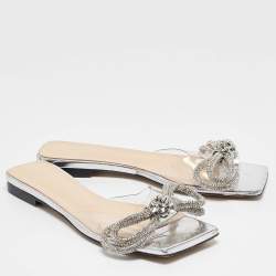 Pre Owned Mach & Mach Transparent PVC Crystal Embellished Double Bow Flat Slides Size 37