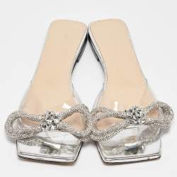Pre Owned Mach & Mach Transparent PVC Crystal Embellished Double Bow Flat Slides Size 37