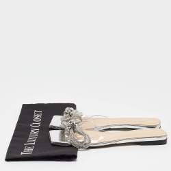 Pre Owned Mach & Mach Transparent PVC Crystal Embellished Double Bow Flat Slides Size 37