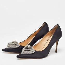 Pre Owned Mach & Mach Black Satin Triple Heart Pumps Size 41