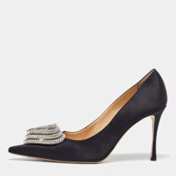 Pre Owned Mach & Mach Black Satin Triple Heart Pumps Size 41