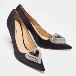 Pre Owned Mach & Mach Black Satin Triple Heart Pumps Size 41
