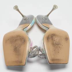 Pre Owned Mach & Mach Transparent Iridescent PVC Crystal Embellished Double Bow Slide Sandals Size 38