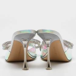 Pre Owned Mach & Mach Transparent Iridescent PVC Crystal Embellished Double Bow Slide Sandals Size 38
