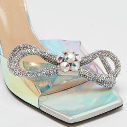 Pre Owned Mach & Mach Transparent Iridescent PVC Crystal Embellished Double Bow Slide Sandals Size 38