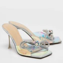 Pre Owned Mach & Mach Transparent Iridescent PVC Crystal Embellished Double Bow Slide Sandals Size 38