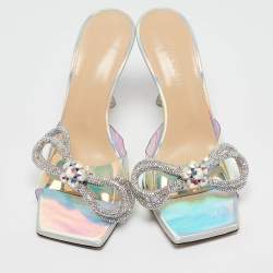 Pre Owned Mach & Mach Transparent Iridescent PVC Crystal Embellished Double Bow Slide Sandals Size 38