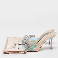 Pre Owned Mach & Mach Transparent Iridescent PVC Crystal Embellished Double Bow Slide Sandals Size 38