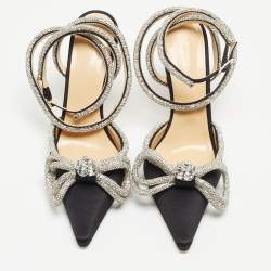 مملوكة مسبقًا Mach & Mach Black Satin Crystal Embellished Bow Ankle Wrap Pointed Toe Pumps Size 42