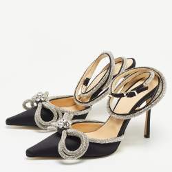 مملوكة مسبقًا Mach & Mach Black Satin Crystal Embellished Bow Ankle Wrap Pointed Toe Pumps Size 42
