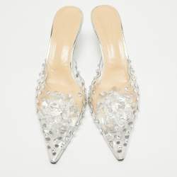 Pre Owned Mach & Mach Transparent PVC Crystal Embellished Mules Size 38.5