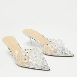 Pre Owned Mach & Mach Transparent PVC Crystal Embellished Mules Size 38.5