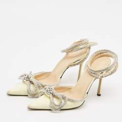 مملوكة مسبقًا Mach & Mach Light Yellow Satin Double Bow Crystals Ankle Strap Pumps Size 37.5