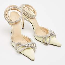 مملوكة مسبقًا Mach & Mach Light Yellow Satin Double Bow Crystals Ankle Strap Pumps Size 37.5