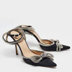 Pre Owned Mach & Mach Black Satin Crystals Double Bow Pumps Size 41