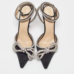 Pre Owned Mach & Mach Black Satin Crystals Double Bow Pumps Size 41