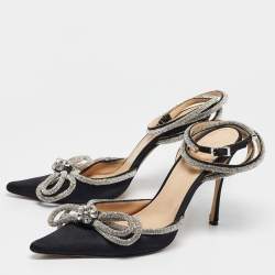 Pre Owned Mach & Mach Black Satin Crystals Double Bow Pumps Size 41