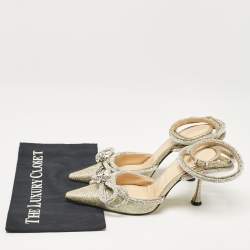 Pre Owned Mach & Mach Gold Glitter Crystal Embellished Double Bow Pumps Size 37.5