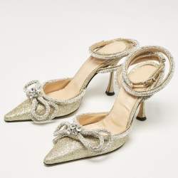Pre Owned Mach & Mach Gold Glitter Crystal Embellished Double Bow Pumps Size 37.5
