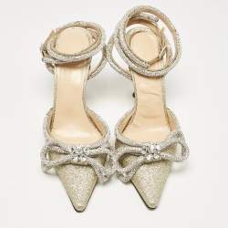 Pre Owned Mach & Mach Gold Glitter Crystal Embellished Double Bow Pumps Size 37.5