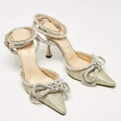 Pre Owned Mach & Mach Gold Glitter Crystal Embellished Double Bow Pumps Size 37.5