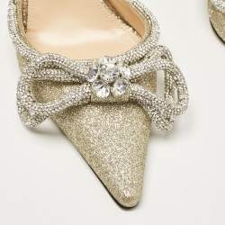 Pre Owned Mach & Mach Gold Glitter Crystal Embellished Double Bow Pumps Size 37.5