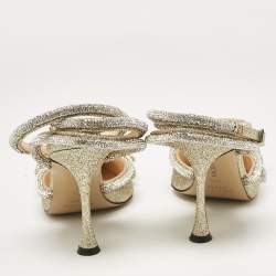 Pre Owned Mach & Mach Gold Glitter Crystal Embellished Double Bow Pumps Size 37.5