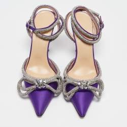 مملوكة مسبقًا Mach & Mach Purple Satin Crystal Embellished Double Bow Pumps Size 38.5