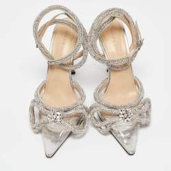 Mach & Mach Transparent/Silver PVC Crystal Embellished Double Bow Ankle Wrap Pumps Size 38