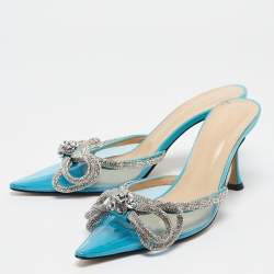Pre Owned Mach & Mach Blue PVC Crystal Embellished Double Bow Mules Size 38