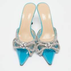 Pre Owned Mach & Mach Blue PVC Crystal Embellished Double Bow Mules Size 38