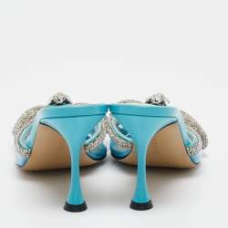 Pre Owned Mach & Mach Blue PVC Crystal Embellished Double Bow Mules Size 38
