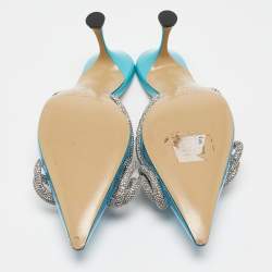 Pre Owned Mach & Mach Blue PVC Crystal Embellished Double Bow Mules Size 38