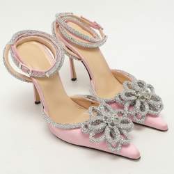 Pre Owned Mach & Mach Pink Satin Crystal Embellished Double Bow Pumps Size 37